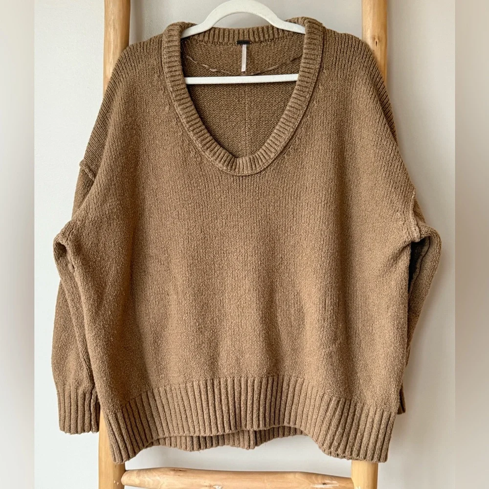 Free People Brookside Boho Soft Oversized Scoopneck Tunic Sweater Desert Camel M